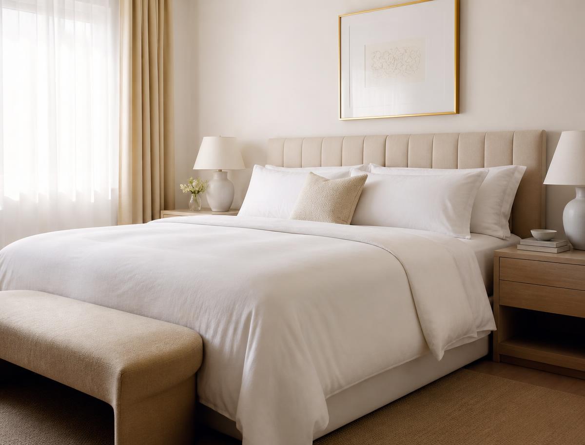 Freshly made bed with crisp white linens
